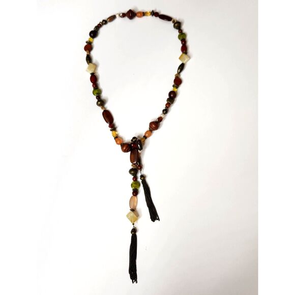 Boho Beaded Tassel Lariat Necklace Long Endless Strand Earth Tones 44 inches - Picture 2 of 9